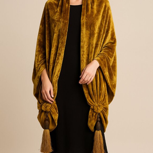 The Unbranded Brand Accessories - Vtg Unbranded Gold Crushed Velvet TasselShawl Wrap Cape Boho Opera Evening Stole